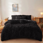 Ultra Soft Black Faux Fur 3-Piece Queen Comforter Set – Plush Fluffy Bedding with Duvet Cover and 2 Pillowcases