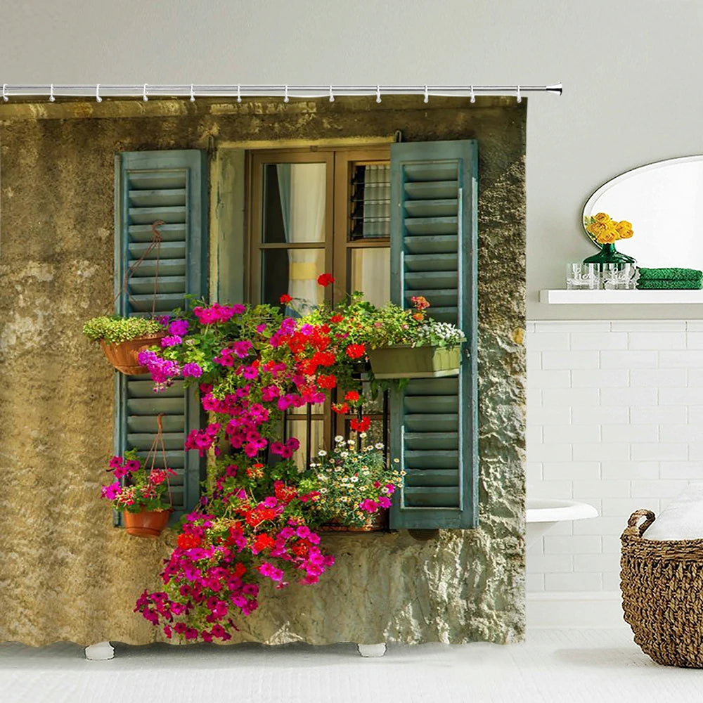 پرده دوش ضدآب حمام چاپ منظره گل فضای باز پلی‌استر 3D نمای خیابان باغ دکوراسیون منزل