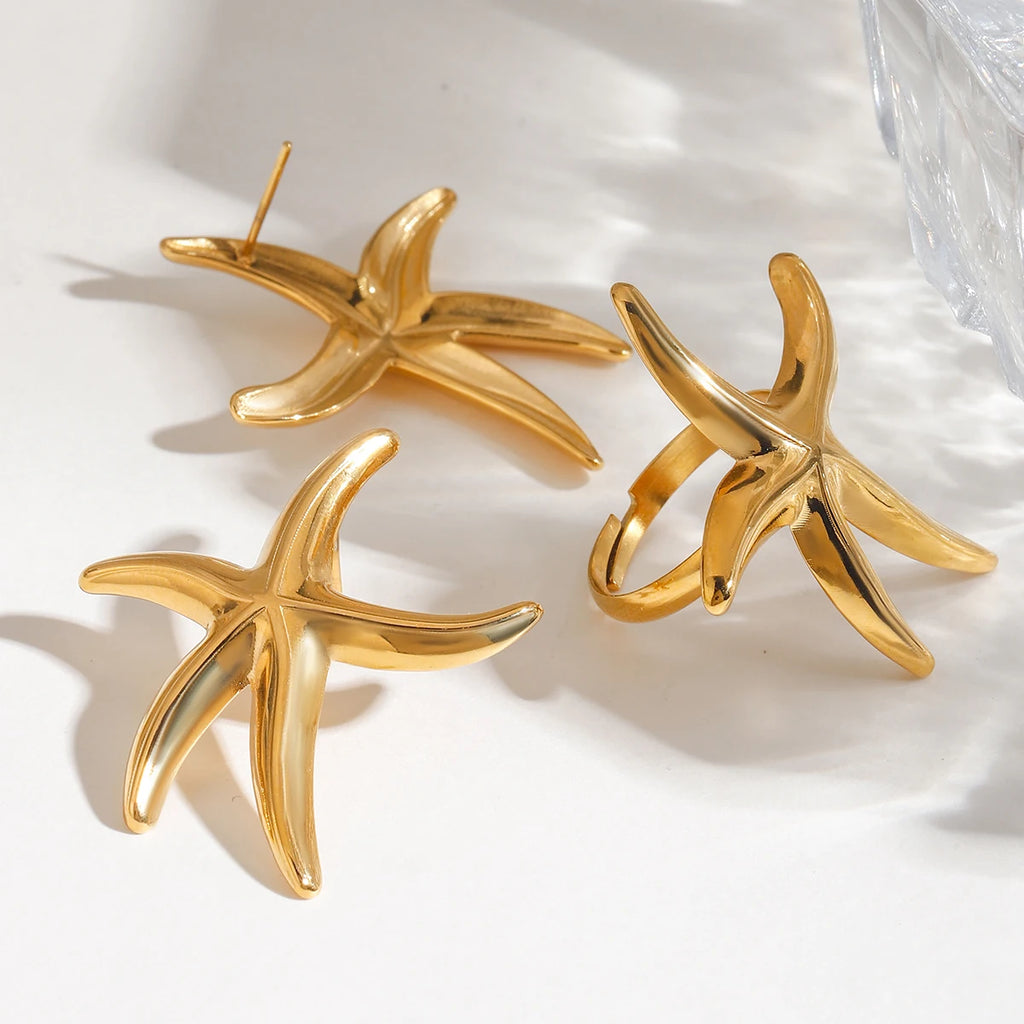 Zora Waterproof Stainless Steel Big Starfish Stud Earrings Hypoallergenic Waterproof Daily Boho Vacation Beach Jewelry