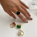 Exquisite 18k Gold Plated Stainless Steel Vintage Exaggerated Inlaid Green Agate Ring Size 7 Women Trendy Charm Chic Jewelry