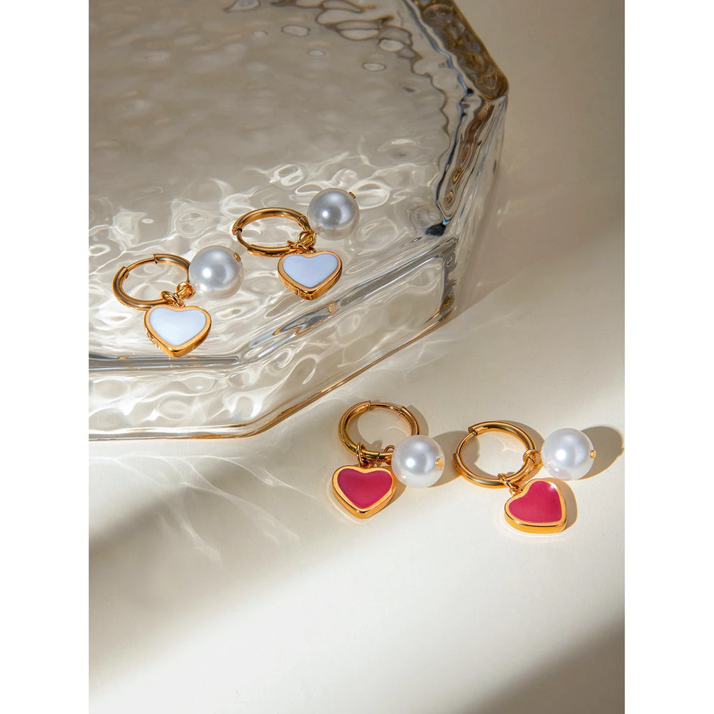 Anti Allergic 18K Gold Plated Pearl White Dripping Oil Love Heart Earrings Stainless Steel Delicate Free Temperament Jewelry