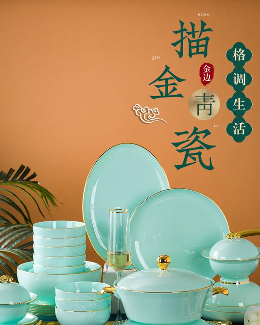 Jingdezhen Light Luxury Bone Porcelain Hand-painted Gold Border Bowl Plate Combination, Celadon Tableware Set for Household Use