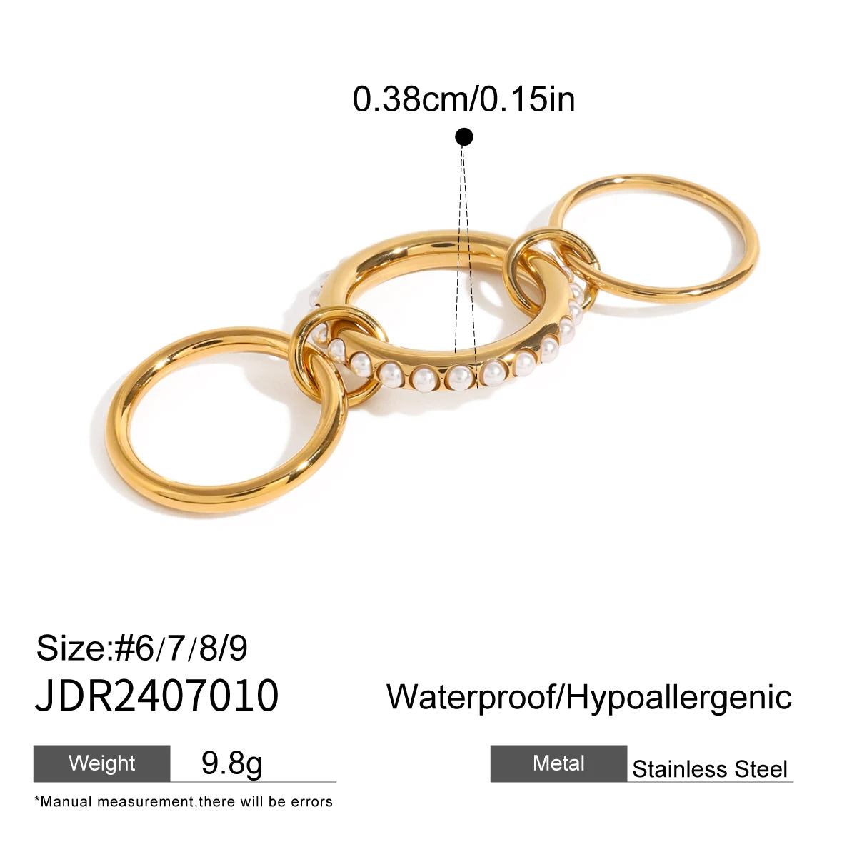 Geometrically Glass Pearl Three Layer Open Ring Size 8 Stainless Steel Metal 18K PVD Plated Prevent Allergy Jewelry