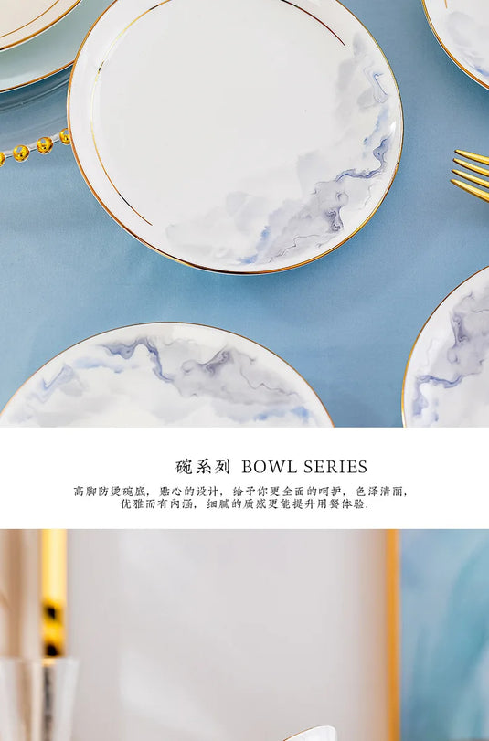 Jingdezhen Light Luxury Wind Bowl and Dish Set Household Bone Porcelain Tableware Bowls, Chopsticks, and Dishes Complete Set