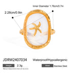 Oval Starfish 18K Gold Plated Stainless Steel Hammer Pattern Ocean Wind Open Ring Women Anti Allergic Charm Daily Jewelry