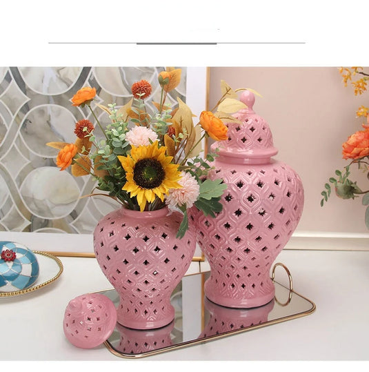 Pink Hollow General Jar Ceramic Ginger Jar Vase Candy Storage Jar Art Decorative Tank Flower Arrangement Home Craft Decoration