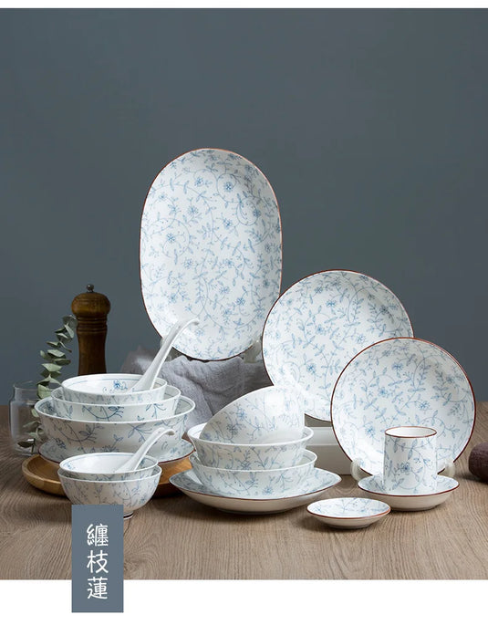 Jingdezhen keramisk service, fadesæt, japansk husholdningsrisskål, underglasurfarvet service