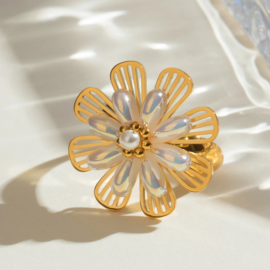 Vintage 18K Stainless Steel Shell Beads Hollow Plastic Flower Open End Ring Women Anti Allergic Charm Daily Jewelry Bijoux Femme
