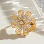 Vintage 18K Stainless Steel Shell Beads Hollow Plastic Flower Open End Ring Women Anti Allergic Charm Daily Jewelry Bijoux Femme