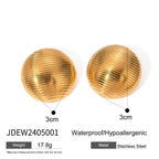 Brincos Redondos Tipo Botão com Listras Horizontais Geométricas em Aço Inoxidável Metálico Banhado a Ouro 18K para Mulheres Joias da Moda Presente para Gala