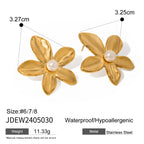 18K PVD-beschichteter Edelstahl, blumenförmiges, haftendes Imitationsperlen-Ohrring- und Ring-Set, metallisch, stilvoller Statement-Schmuck für Damen