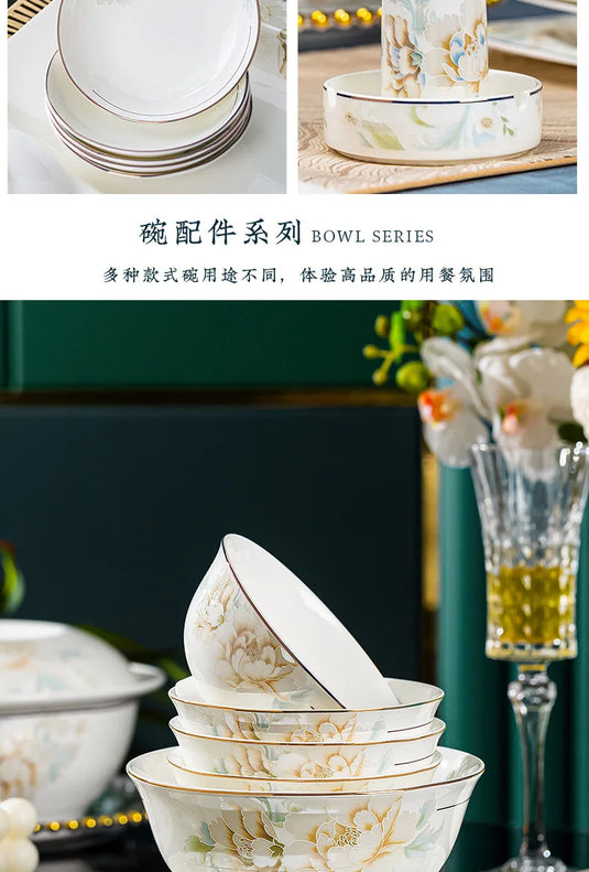 Jingdezhen Bone Porcelain Bowl and Dish Set, Light Luxury Ceramic Tableware Bowl and Chopstick Set