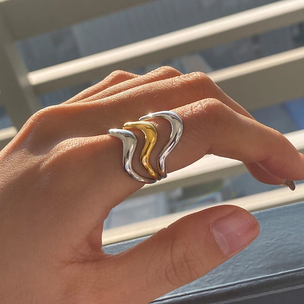 Gold Silber Farbe Passend Wellenförmiger Unregelmäßiger Flüssiger Offener Ring 18K PVD Beschichtet Damen Anti-Allergisch Metall Charm Täglicher Schmuck