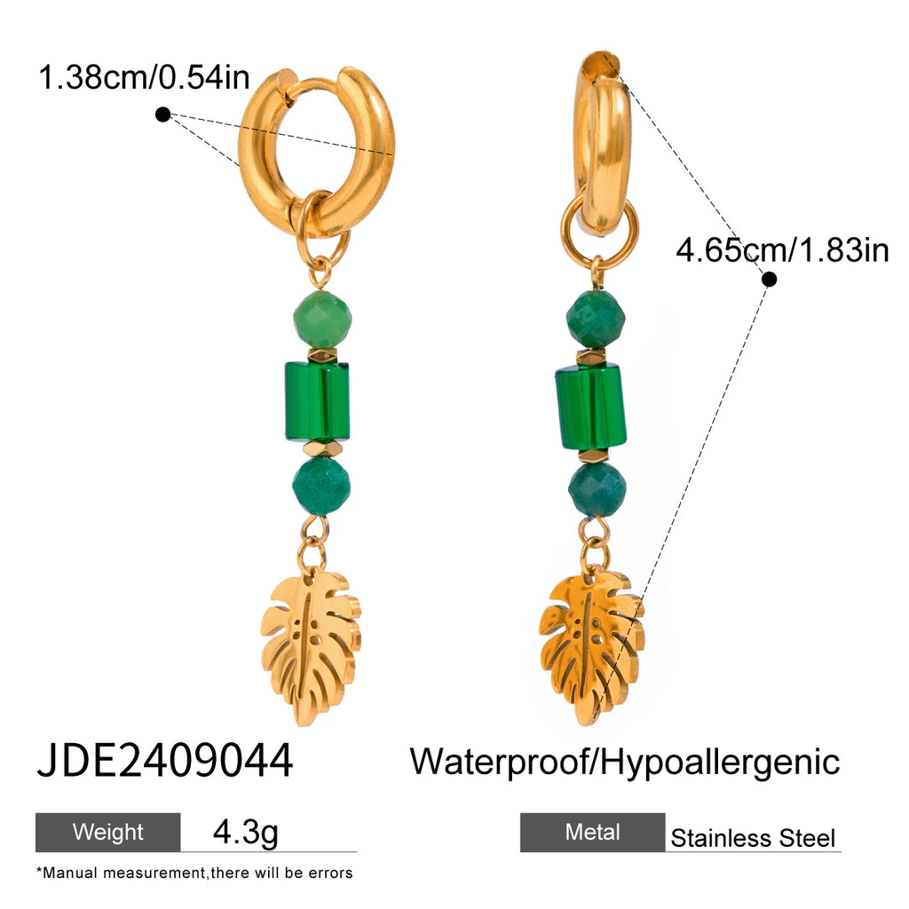 Boucles d'oreilles créoles feuille en cristal de pierre naturelle plaquées or 18 carats pour femmes, bijoux de mode en acier inoxydable de haute qualité, cadeau de gala