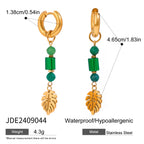 Boucles d'oreilles créoles feuille en cristal de pierre naturelle plaquées or 18 carats pour femmes, bijoux de mode en acier inoxydable de haute qualité, cadeau de gala