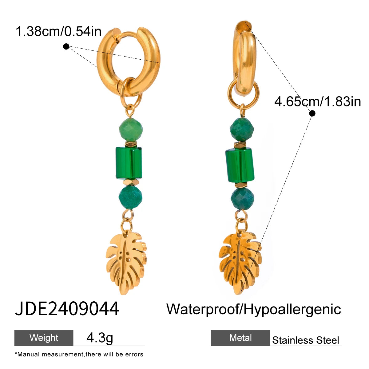 Boucles d'oreilles créoles feuille en cristal de pierre naturelle plaquées or 18 carats pour femmes, bijoux de mode en acier inoxydable de haute qualité, cadeau de gala