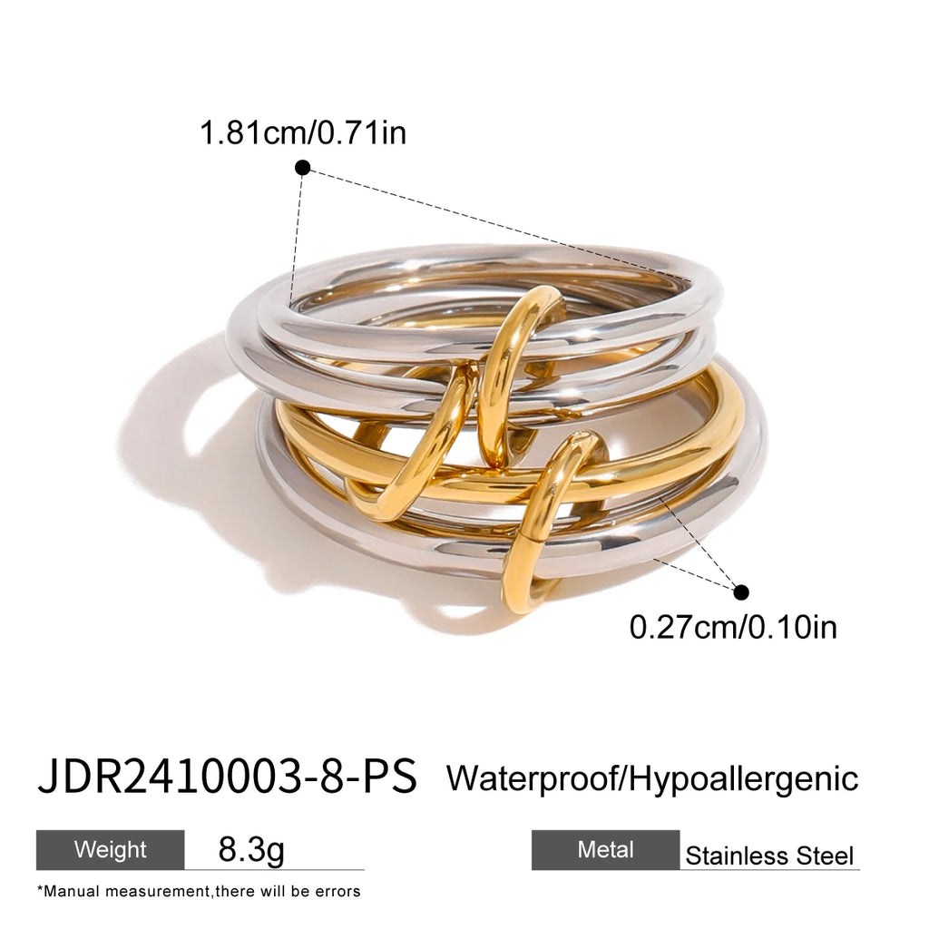 Nuevo único anillo entrelazado de acero inoxidable geométrico de tres capas 18K oro y plata para mujer textura metálica joyería de moda