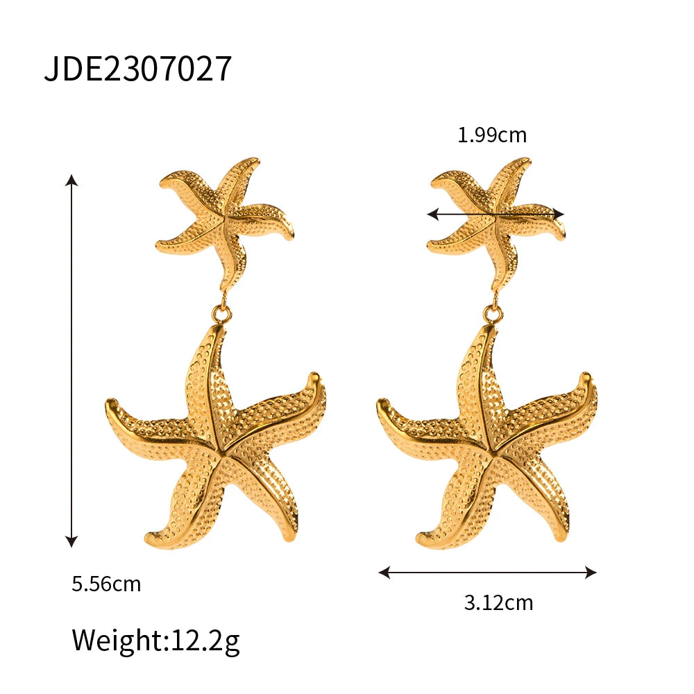Brincos Pingente Estrela-do-mar Vintage da Série Verão Mar Oceano Banhados a Ouro 18K Aço Inoxidável Joias à Prova d'Água para Mulheres