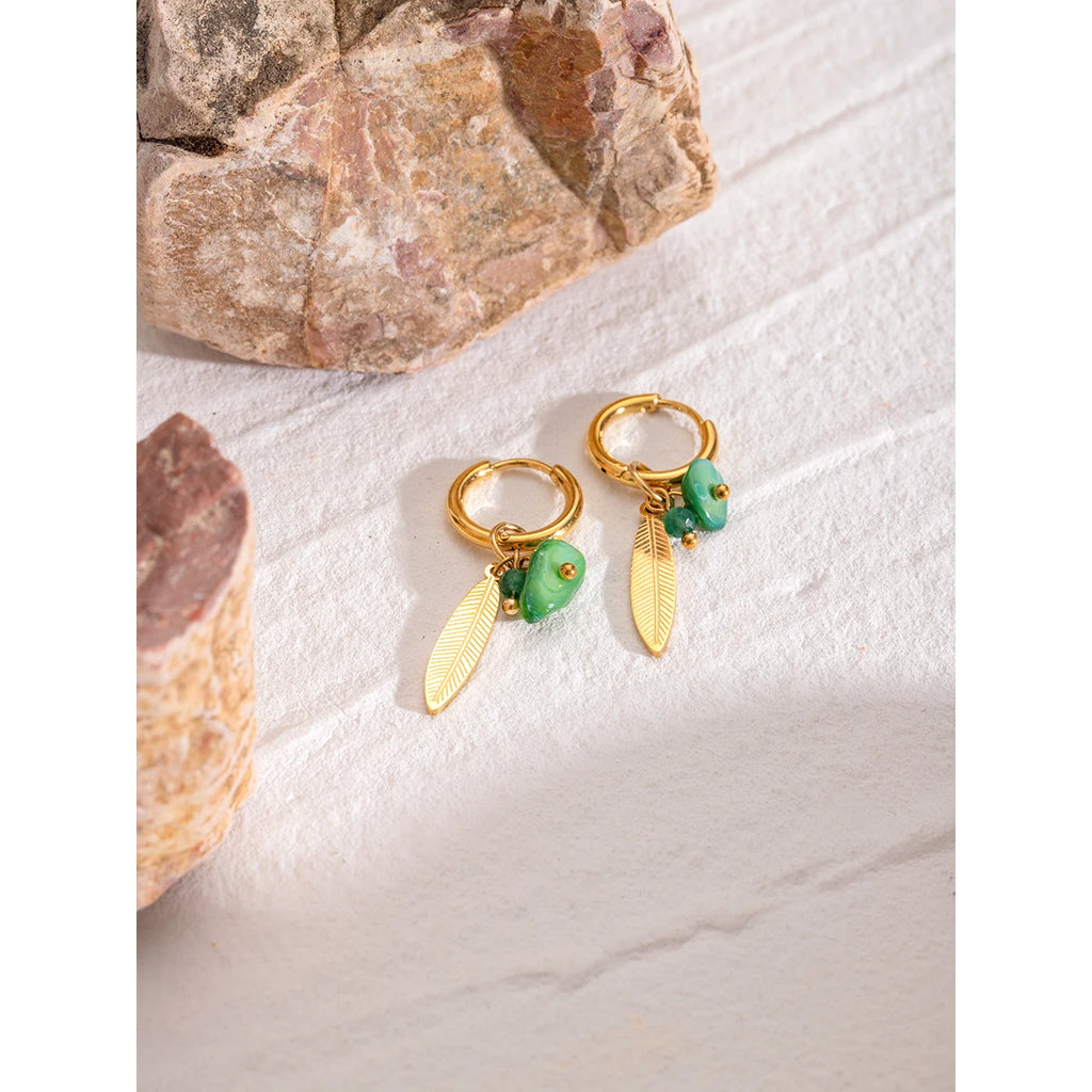 Natural Stone Leaf Feather Buckle Earrings Stainless Steel Metal 18K PVD Gold Plated Women Prevent Allergy Delicate Jewelry