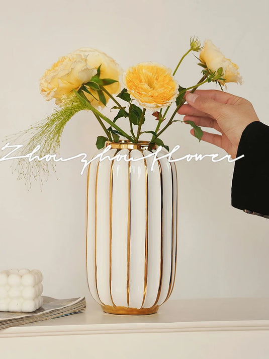 BARNEYS Gold Plated Ceramic Vase With Convex Cylindrical Design European Style Decorative Flower Pot Home Decor Porcelain Wedding Decoration