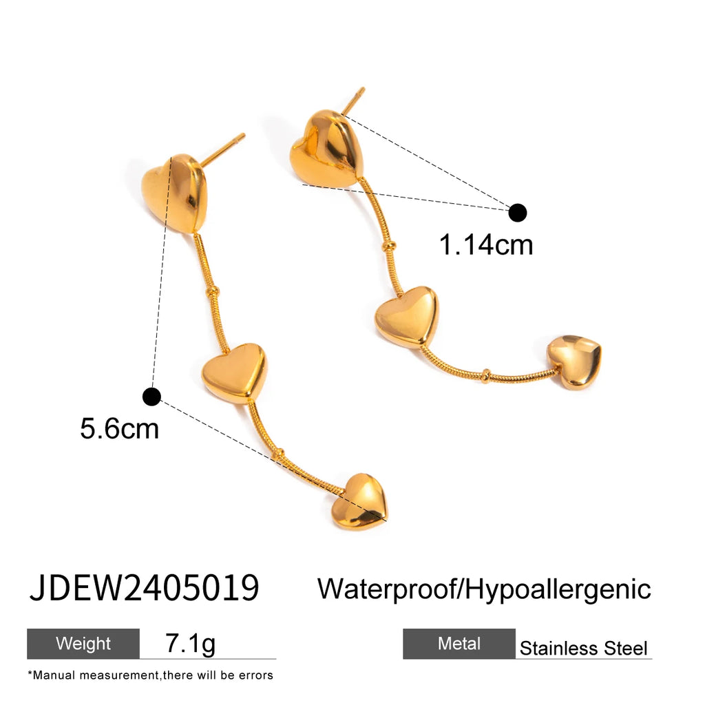 18K Altın Kaplama Metalik Geometrik Paslanmaz Çelik Parlak Üçlü Aşk Kalp Kolye Küpe Kadın Gala Takısı
