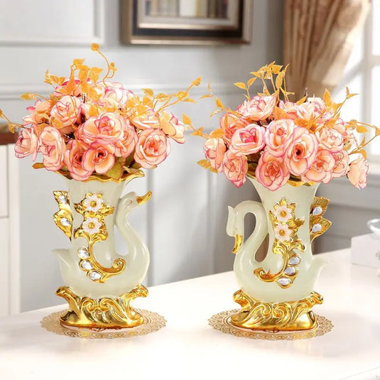 Vase en forme de cygne doré en céramique de style européen, décoration de luxe pour la maison, pot de fleurs élégant, centre de table de salle à manger, urne plaquée créative avec pierres et fleurs sculptées