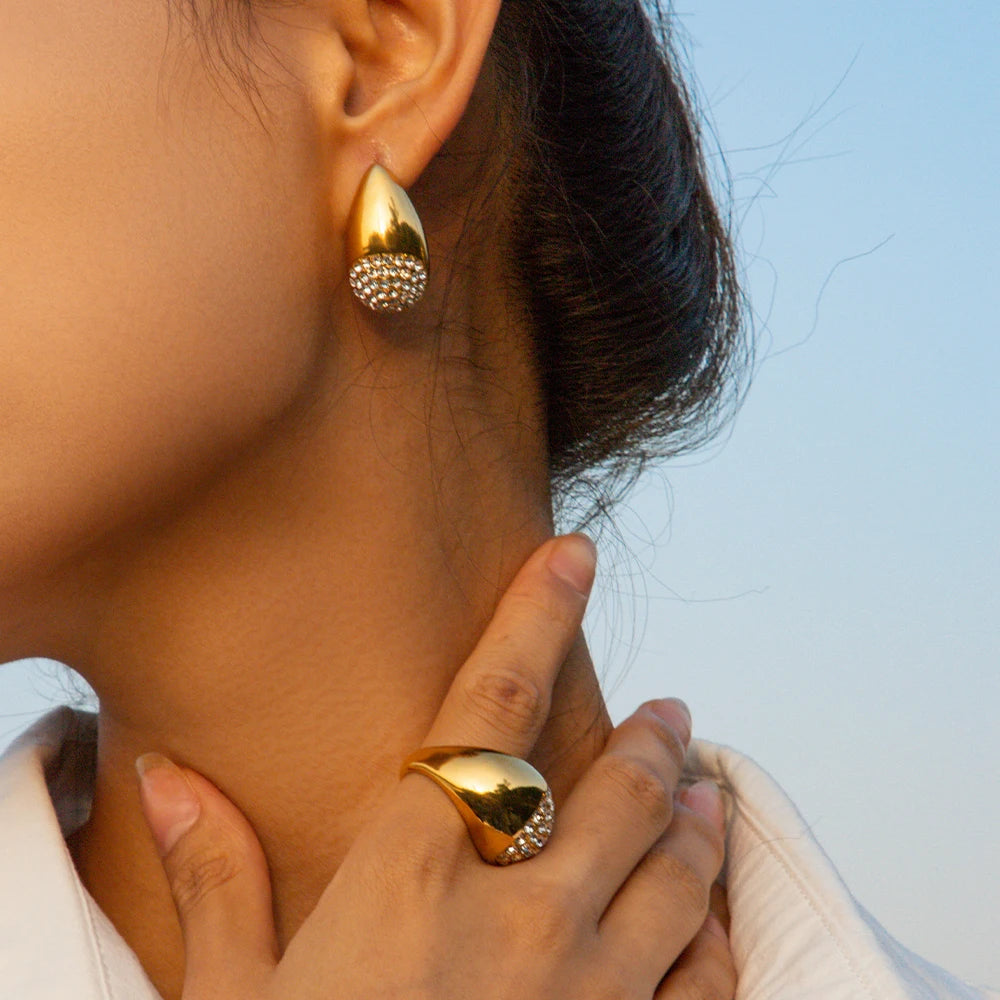 Rustfrit stål 18K forgyldt buttede vanddråbe ørestikker/ringindlæg Rhinestone Damer lette luksus øre/finger smykker