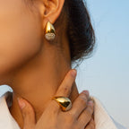 Rustfrit stål 18K forgyldt buttede vanddråbe ørestikker/ringindlæg Rhinestone Damer lette luksus øre/finger smykker