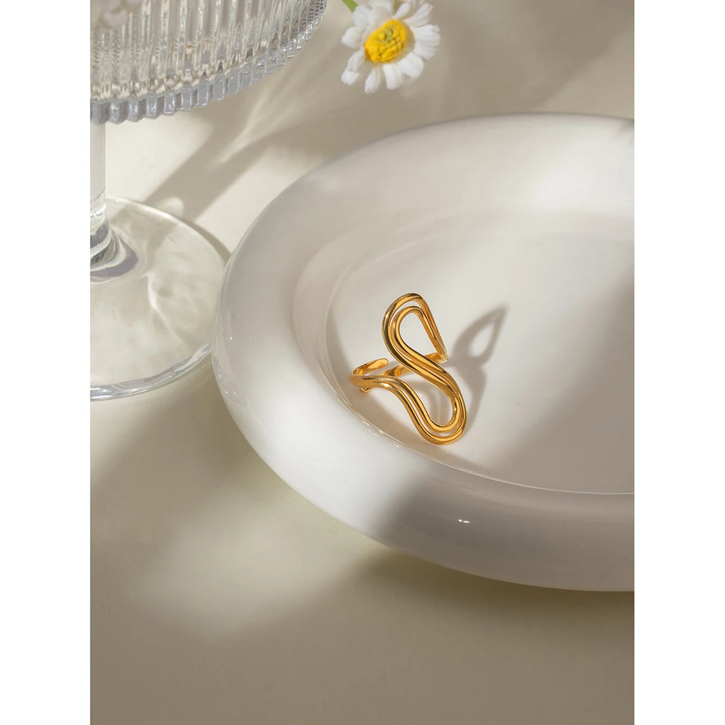 18k vergoldeter, stilvoller, einzigartiger, einfacher, doppelter S-förmiger Öffnungsring aus Edelstahl für Frauen, antiallergisch, wasserdicht Schmuck