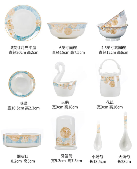 Bols et assiettes de luxe modernes Vaisselle en céramique Jingdezhen, ensemble de bols et d'assiettes à bordure dorée, ménage