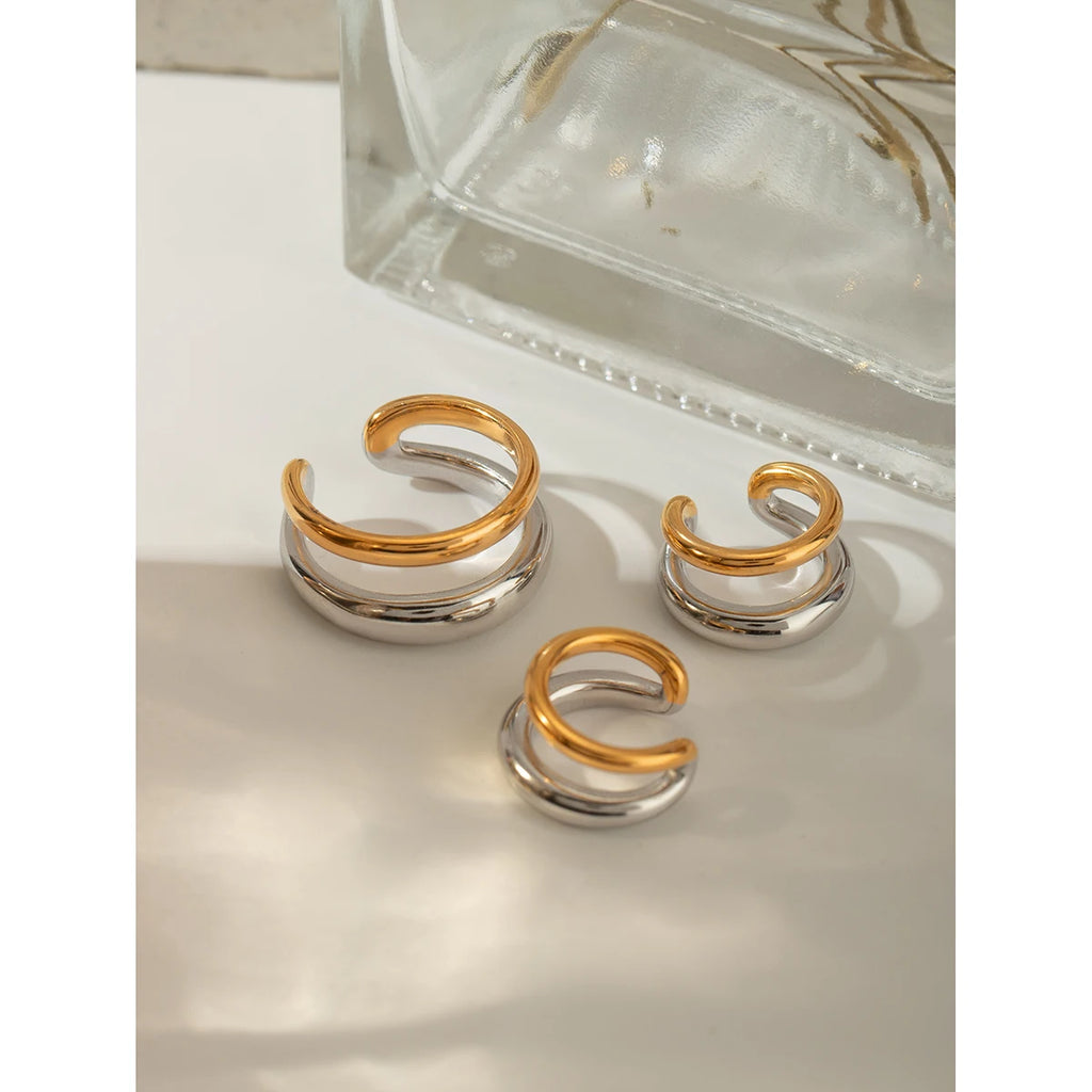 Retro 18k Gold Plated Stainless Steel Color-matching Double Layer Opening Ring Ear-clip Set for Women Charm Stylish Jewelry