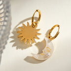 Minimalist 18K Beach Stainless Steel Sun Moon Plate Shell Pearl Hoop Earrings Women Anti Allergic Elegant Charm Daily Jewelry