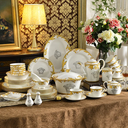 Coffrets de table de luxe en porcelaine 58 pièces Service de table Service à café Plats Bol Cuillère et assiettes