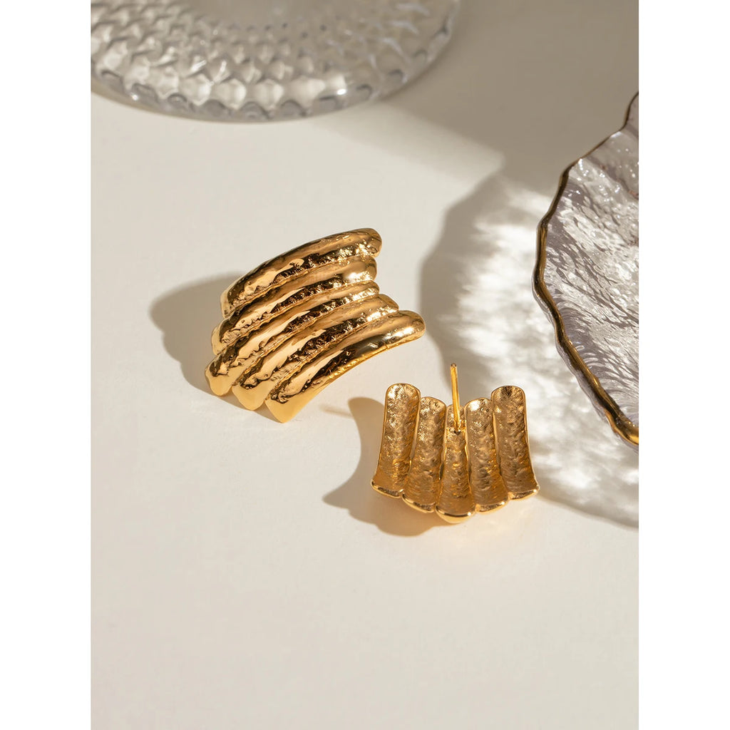 18K PVD Plated Fashion Geometric Minimalist Vertical Hammer Grain Earrings Stainless Steel Women Waterproof Jewelry Gift