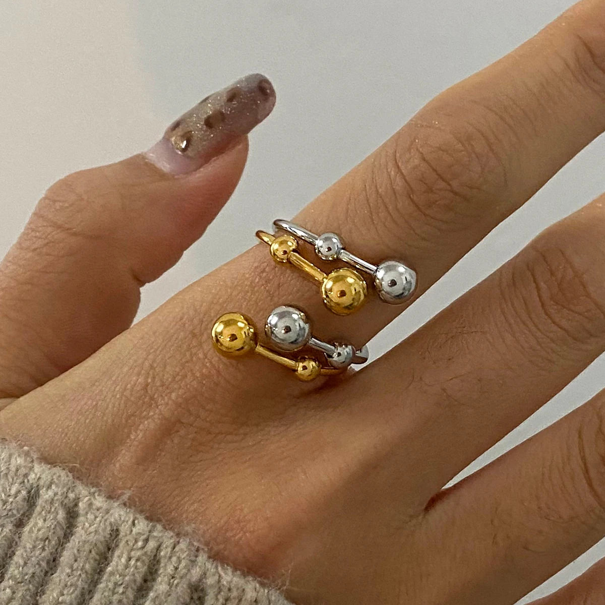 Gold Silver Color Matching Personalized Size Ball Double-layer Opening Ring Women Anti Allergic Metal Charm Daily Jewelry - Grand Goldman