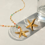 Creative 18k Gold Plated Hammer Grain Starfish Pendant Necklace Earrings Stainless Steel Women Anti Allergic Charm Jewelry