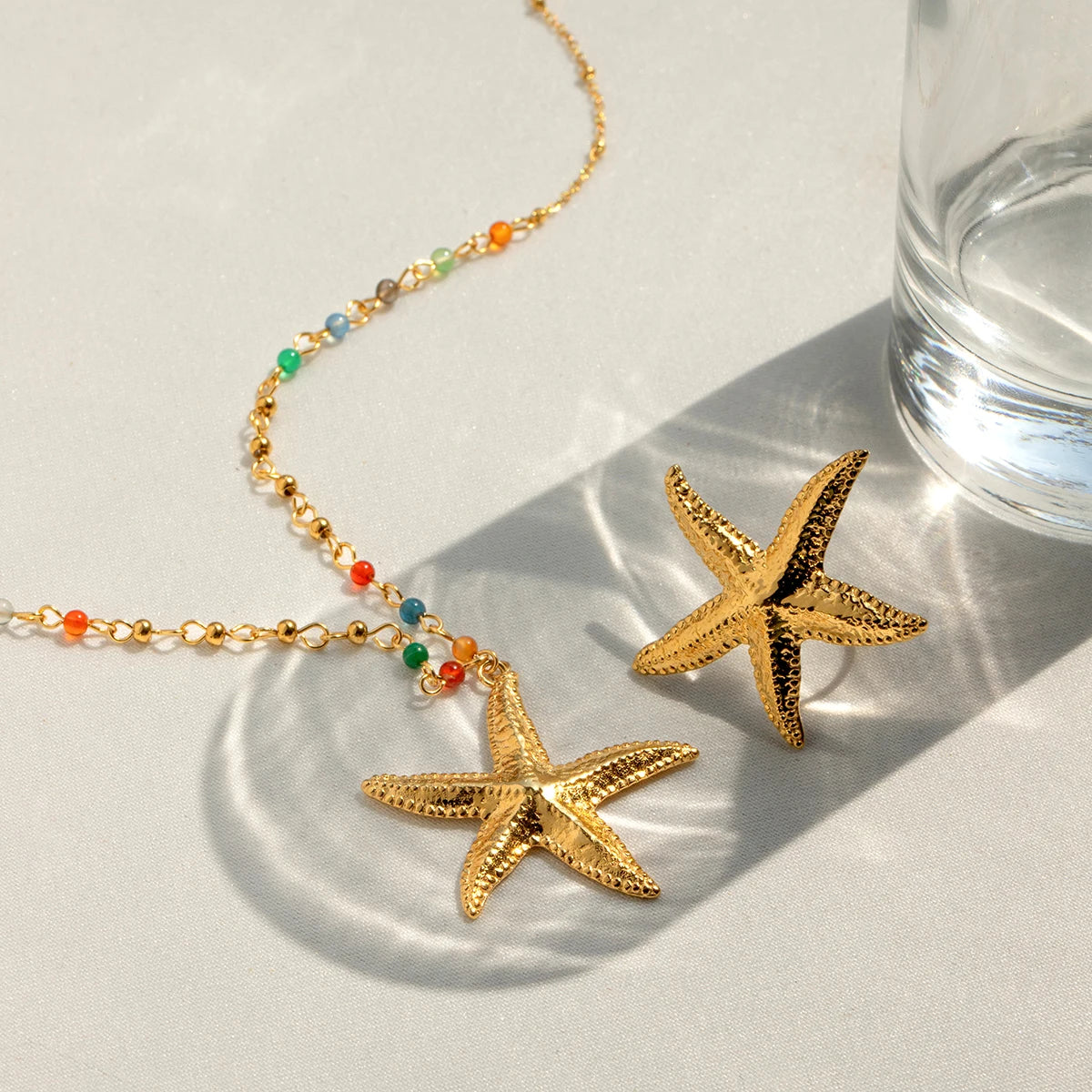 Creative 18k Gold Plated Hammer Grain Starfish Pendant Necklace Earrings Stainless Steel Women Anti Allergic Charm Jewelry