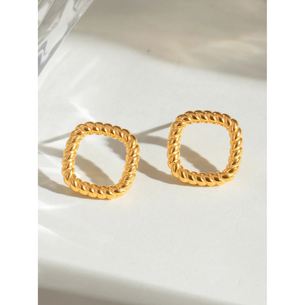 Trendy 18k Stainless Steel Vintage Square White Zircon Hollow Earrings Women Statement Charm Texture Rust Proof Trendy Jewelry