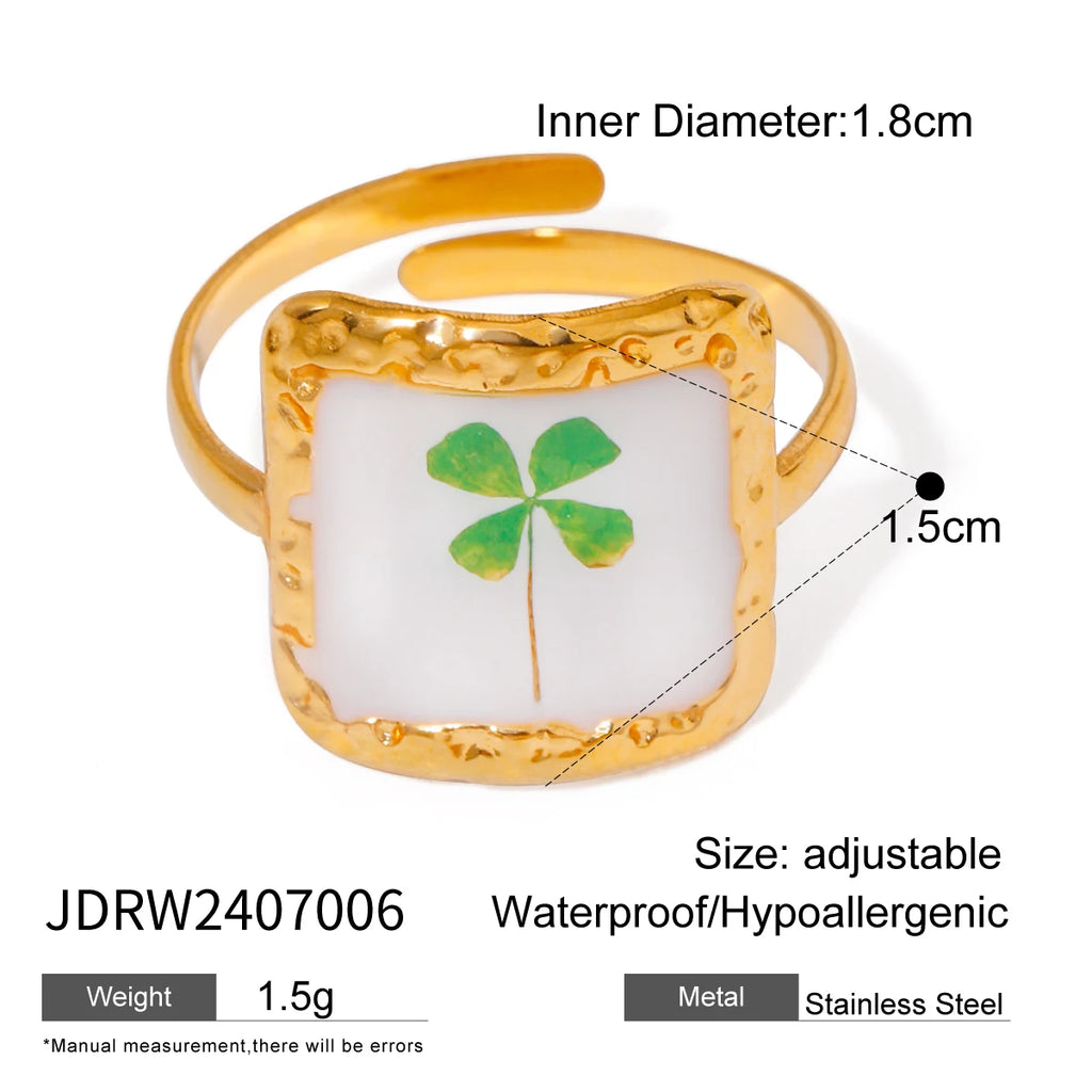 Literarischer Retro Weißer Tropfen Öl Grün Getrocknete Blume Offener Ring 18K Goldbeschichteter Schmuck Edelstahl Damen Wasserdichtes Geschenk