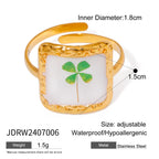 Literarischer Retro Weißer Tropfen Öl Grün Getrocknete Blume Offener Ring 18K Goldbeschichteter Schmuck Edelstahl Damen Wasserdichtes Geschenk