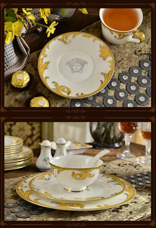 Coffrets de table de luxe en porcelaine 58 pièces Service de table Service à café Plats Bol Cuillère et assiettes