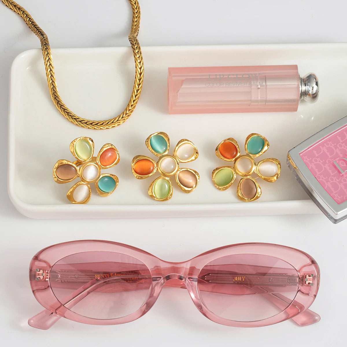 Minimalistisk 18k forgyldt rustfrit stål Farverige Cat Eye Stone Hammer Blomsterøreringe Ring Kvinder Anti Allergic Charm smykker