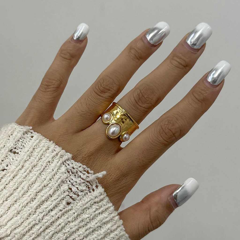 Hamerslagpatroon Schelp Kraal Kroon Open Ring Roestvrij Staal Metaal 18K Goud PVD Geplateerd Voorkomt Allergie Aantrekkelijk Sieraad