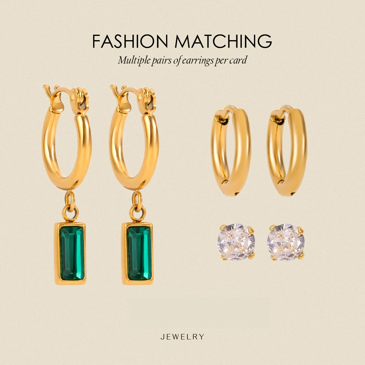 3 Paare pro Karte Edelstahl weiße Strass-Perlen-Ohrringe für Damen 18K PVD-beschichtet, antiallergisch, rostfrei Schmuck