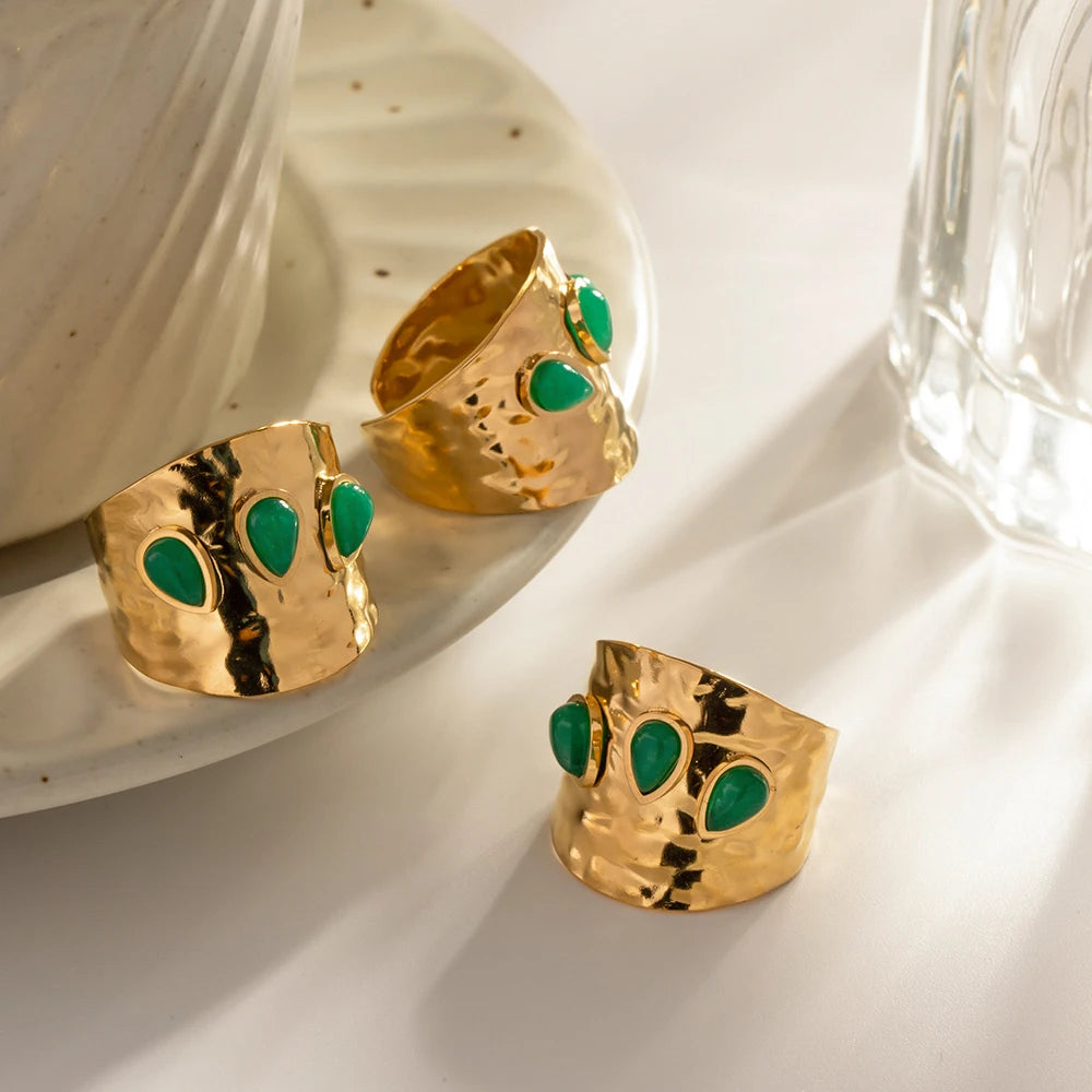 Overdrevet natursten ring til kvinder vintage uregelmæssigt design grøn sten ring rustfrit stål ring smykker gave anillos