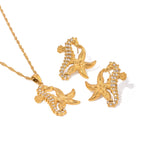 Orecchini e collana con ciondolo a cavalluccio marino e stella marina in acciaio inossidabile 18K impermeabile con strass adesivi, donna, anallergici, gioielli eleganti e affascinanti