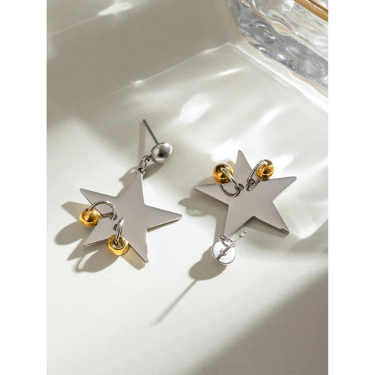 18K Gold Plated Stainless Steel Vintage Smooth Pentagonal Star Hanging Steel Circle Earrings Women Charms Metal Daily Jewelry