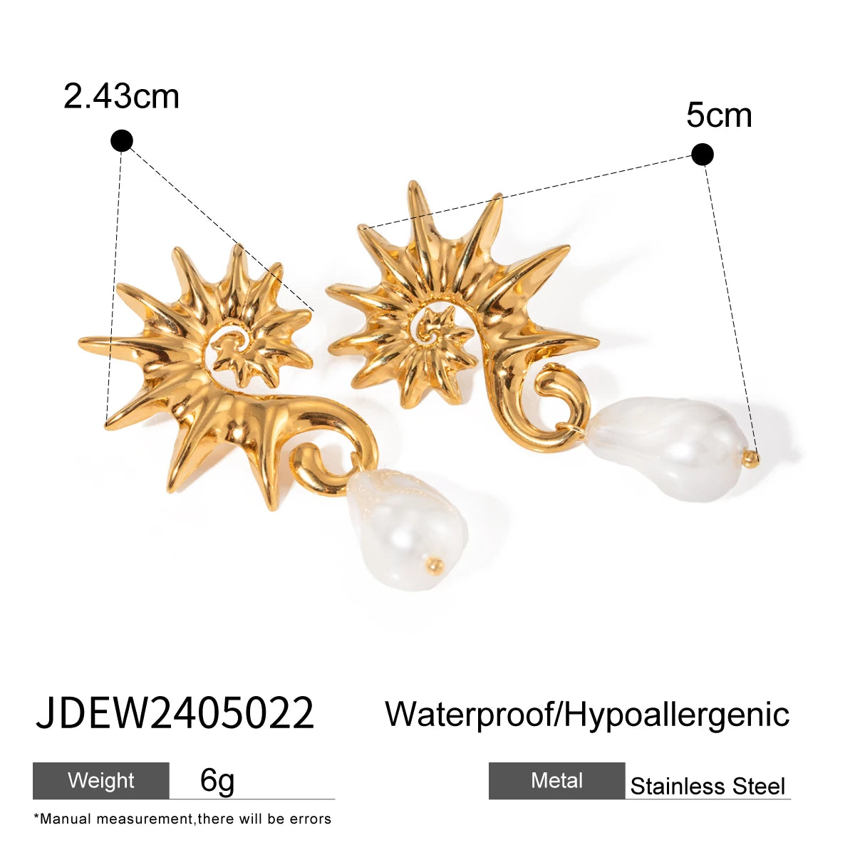 18K PVD-beschichteter Edelstahl Einfacher Seepferdchen-Faden Hängende Imitationsperlen-Ohrringe Wasserdicht Hochwertiger Damenschmuck