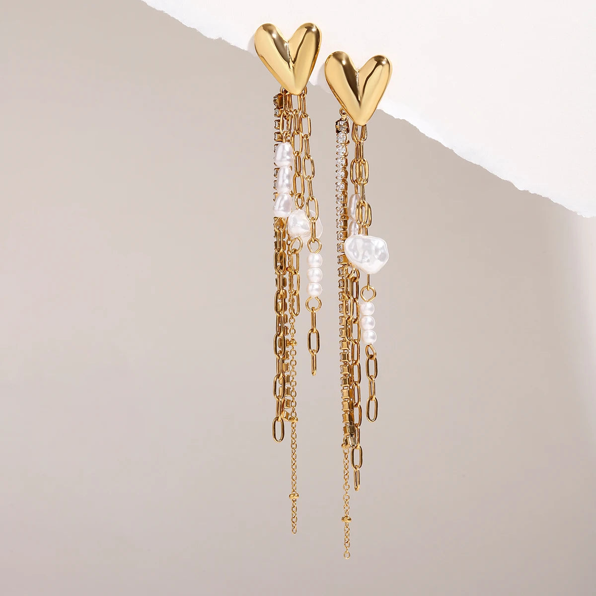 Imitation Pearl 18k Gold Plated Stainless Steel Elegant Smooth Heart-shaped Tassel Earring Women Prevent Allergy Gala Gift