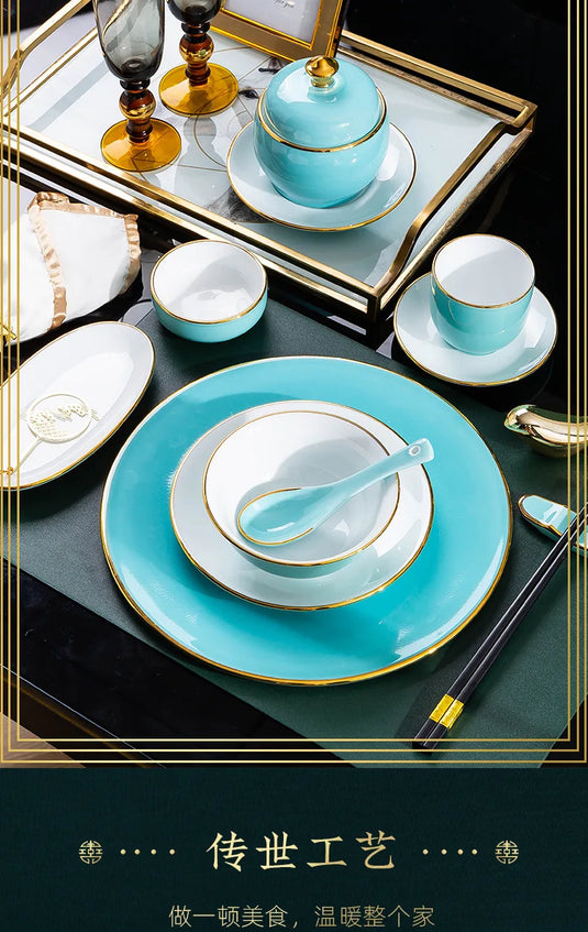 Jingdezhen tableware set, hotel tableware, dishes, gifts, handmade gilt edged dining plates, household dining plates